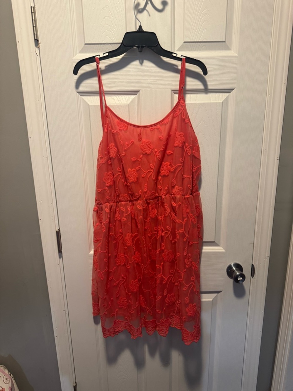 Coral Floral Embroidered Spaghetti Strap Dress